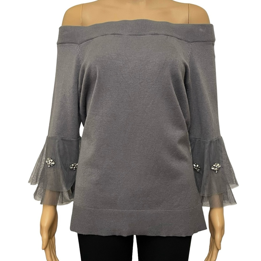 Gray Off-Shoulder Sweater with Embellished Sleeves